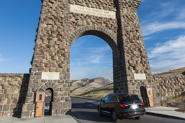 Driving through Roosevelt Arch
