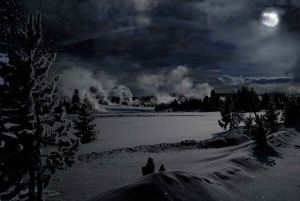 Moonlight over geysers in winter