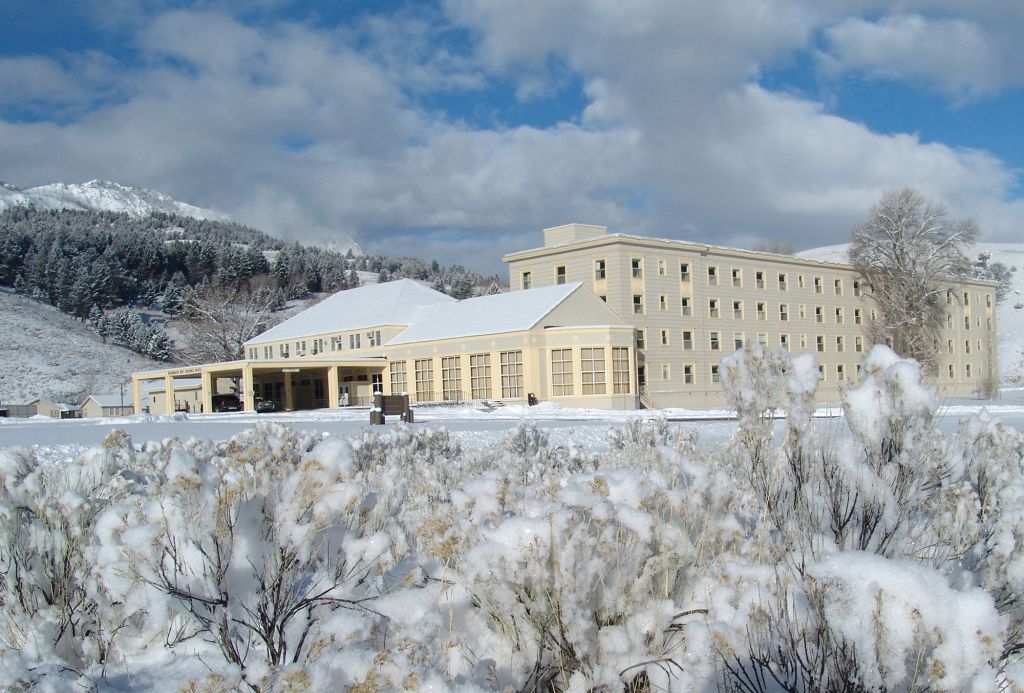 Exterior view of Mammoth Hot Springs Hotel in winter