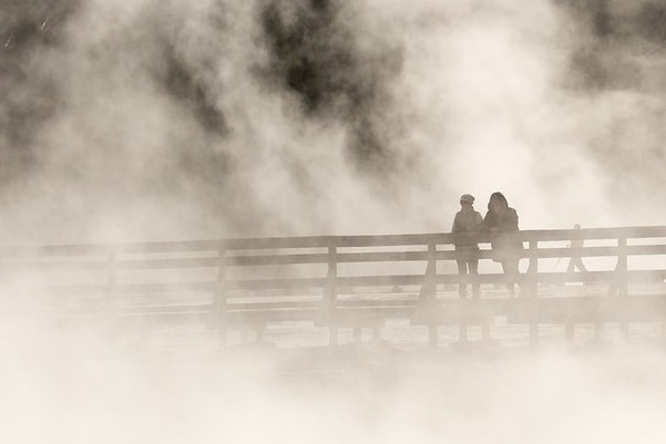 Visitors on boardwalk in a thermal basin
