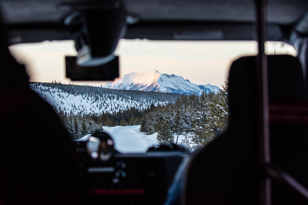 Sunset views of Electric Peak from the snowcoach