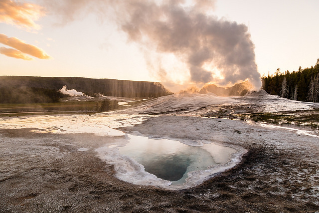 Geyser with hot spring in the foreground