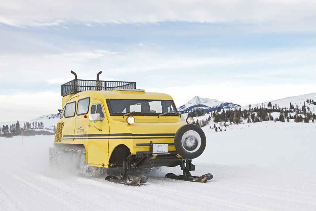 The last trip for the Xanterra Bombardier snowcoaches. Swan Lake Flats