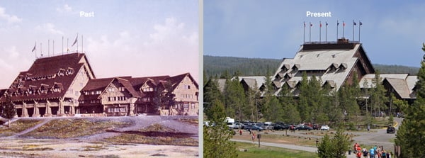 old faithful inn front view past and present