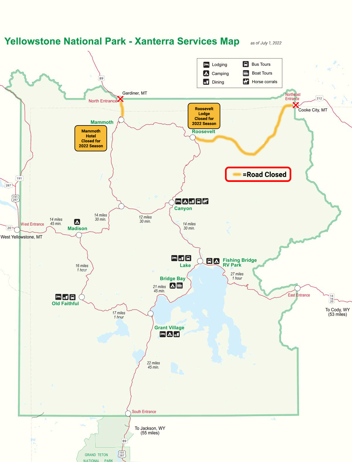 Yellowstone Map With Mileage Brochures Downloads Yellowstone National Park Lodges