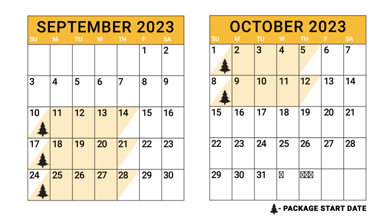 2023 Package start dates: Every Sunday from September 10 - October 8
