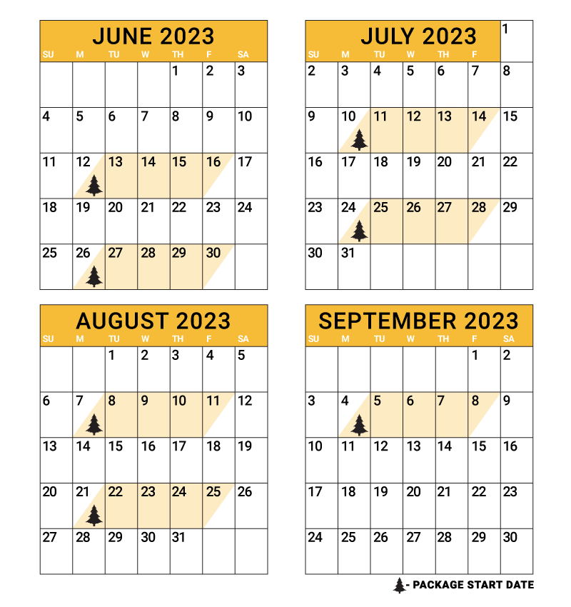 2023 Package Start Dates: June 12, June 26, July 10, July 24, August 7, August 21, September 4