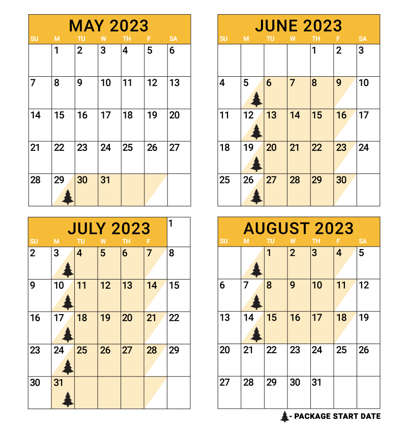 2023 Package Start Dates: May 29 June 5, 12, 19, 26 July 3, 10, 17, 24, 31 August 7, 14.