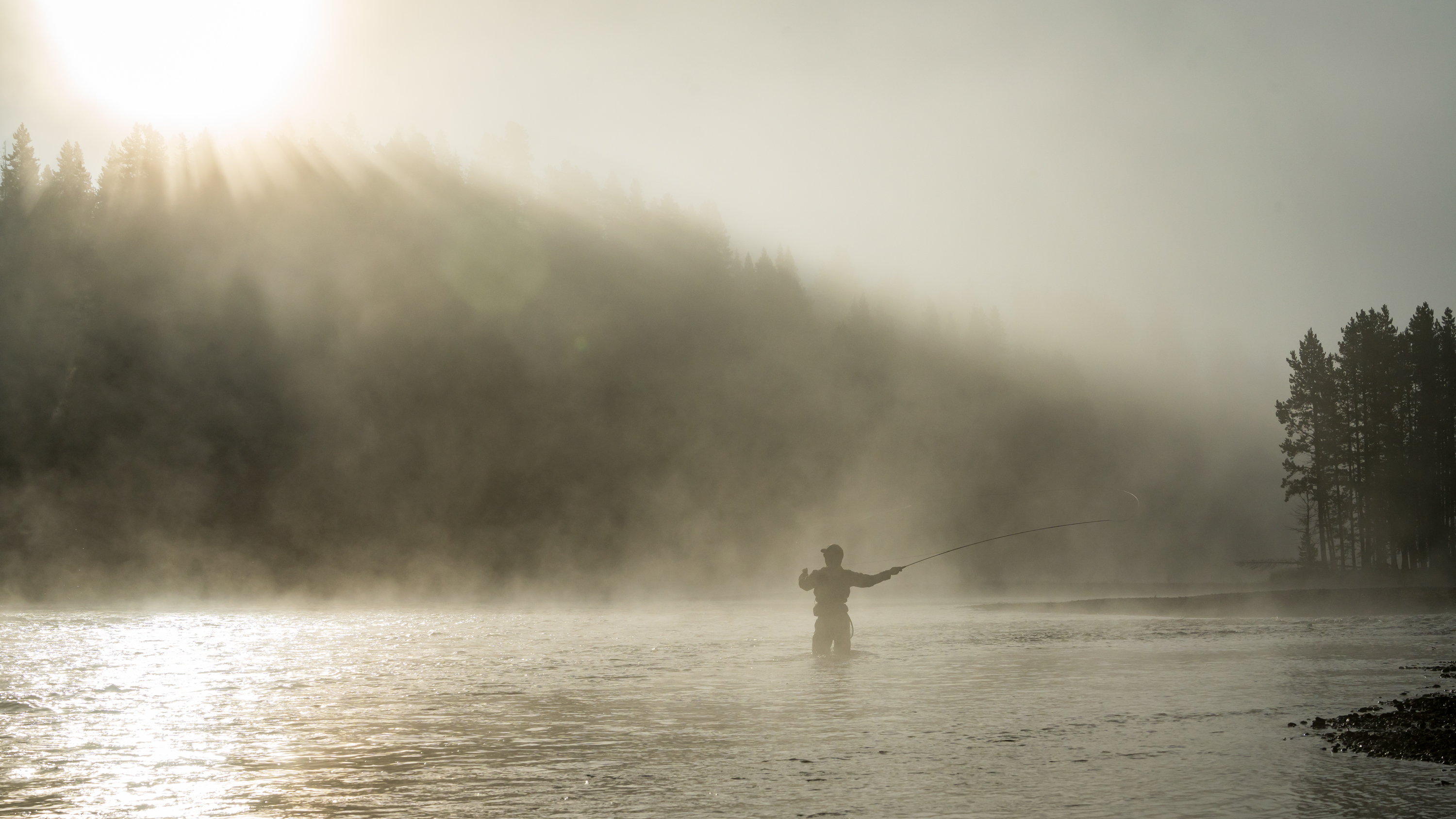 Fly fisherman on the Yellowstone River with early morning fog