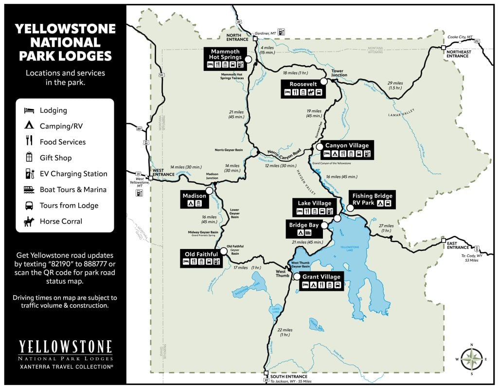 Map of services provided by Yellowstone National Park Lodges
