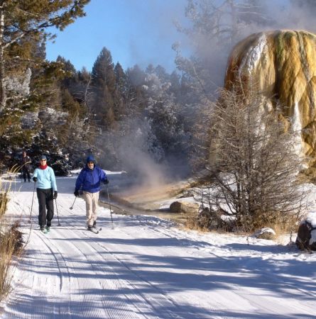 Two skiers cross-country ski past Orange Spring Mound on the Upper Terrace Loop ski trail in Mammoth Hot Springs