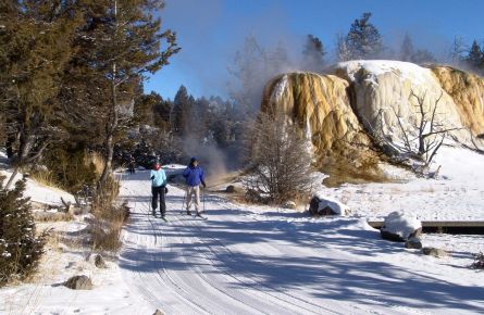 Two people cross-country skiing on the trail