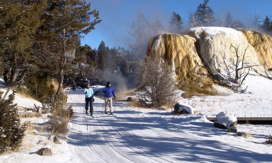 Two people cross-country skiing on the trail