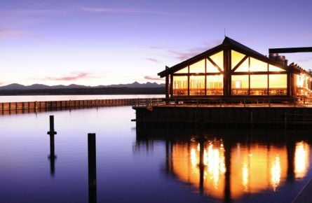 Grant Village Lake House Restaurant exterior view at sunset