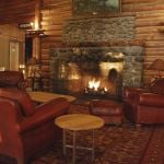 Lake Lodge lobby with fireplace