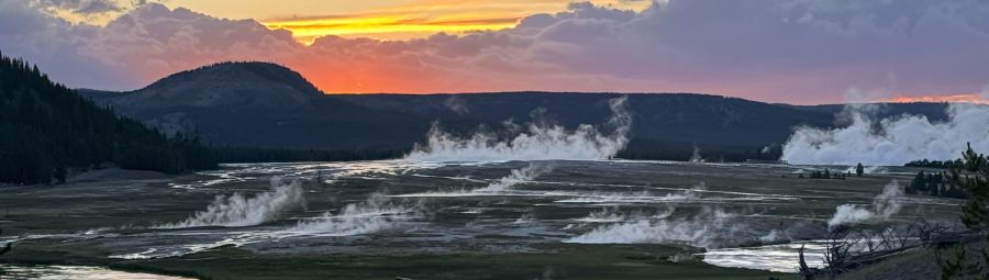 Sunset on the Firehole River with fumaroles