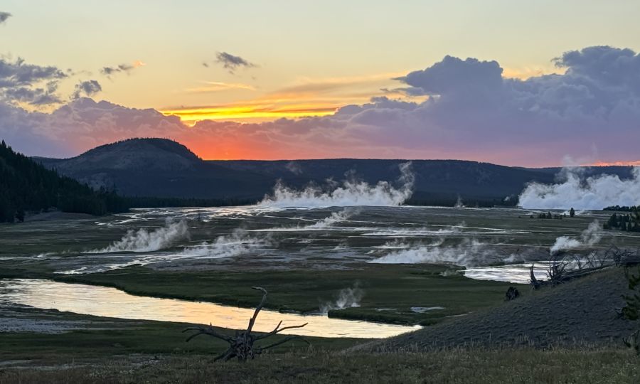 Sunset on the Firehole River with fumaroles