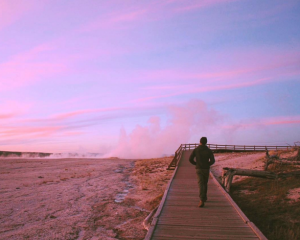 Man walking on boardwalk