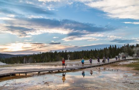 Exploring the Upper Geyser Basin at sunset