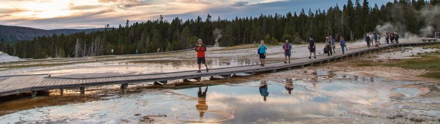 Exploring the Upper Geyser Basin at sunset