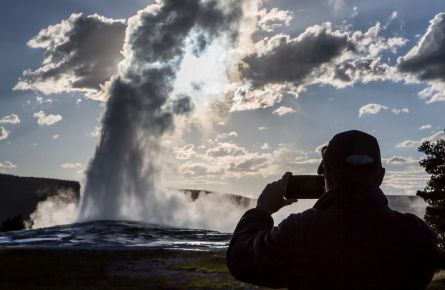 Photographing Old Faithful at Sunset