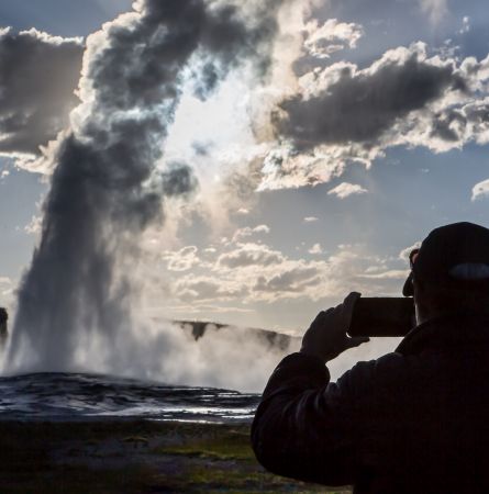 Photographing Old Faithful at Sunset