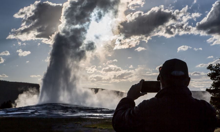 Photographing Old Faithful at Sunset