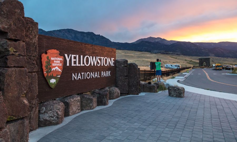 Sunset in Gardiner near the Park Entrance sign