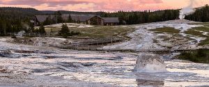 Beehive Geyser cone at sunset