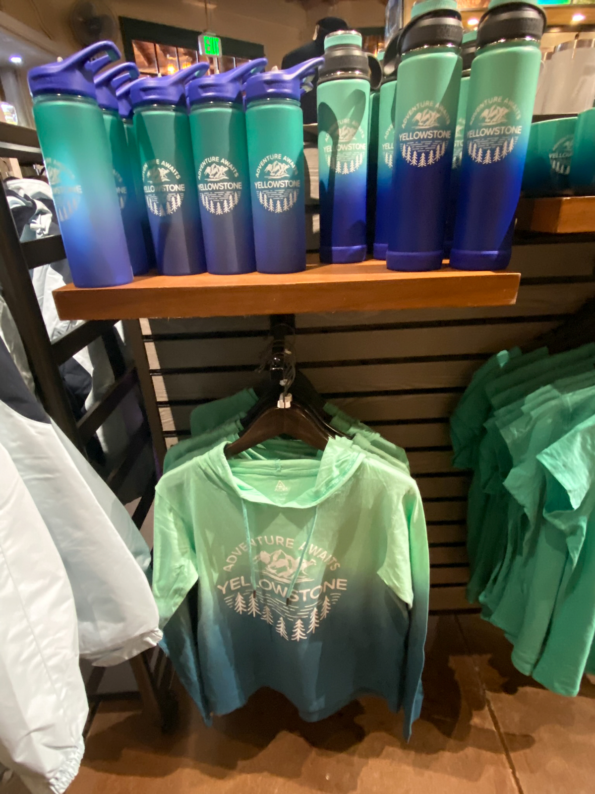 Yellowstone sport bottles and sweatshirt at Old Faithful Lodge Gift Shop