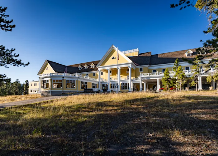 Exterior of Lake Yellowstone Hotel on a sunny day