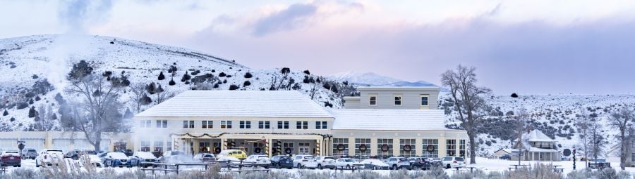 Mammoth Hot Springs Hotel exterior in winter