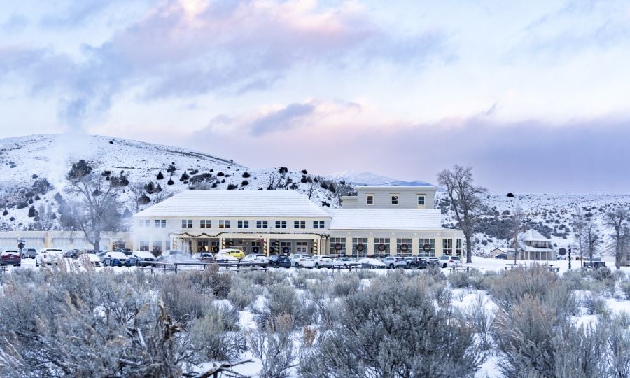 Mammoth Hot Springs Hotel exterior in winter
