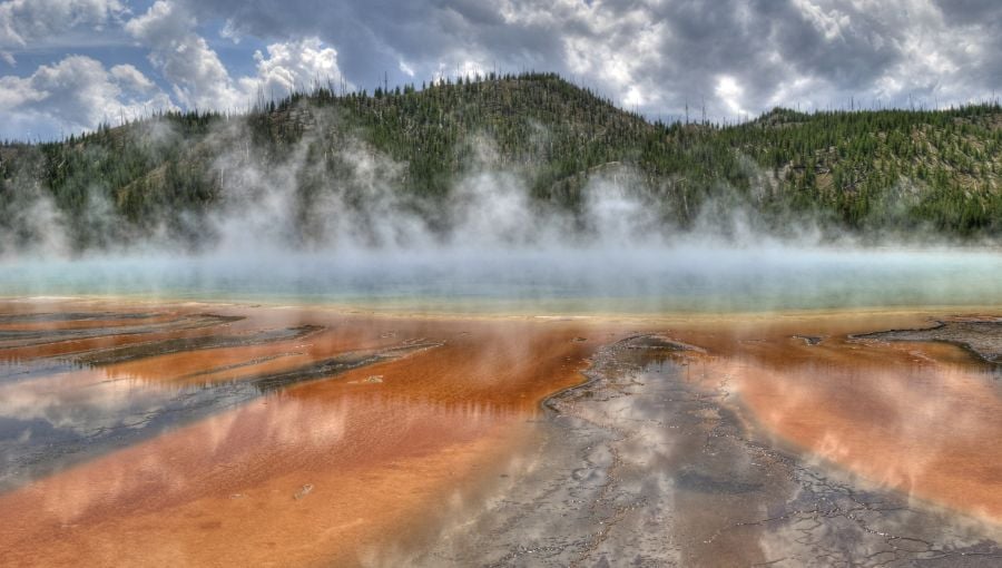 Grand Prismatic Spring and thermophiles viewed from the boardwalk