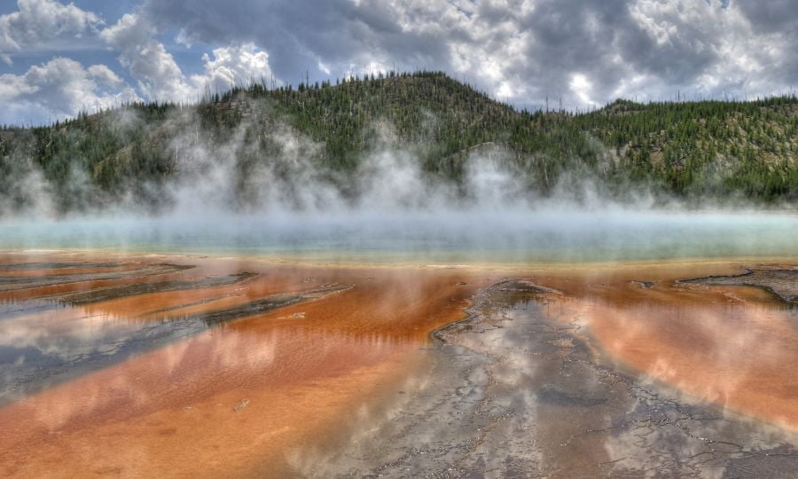 Grand Prismatic Spring and thermophiles viewed from the boardwalk