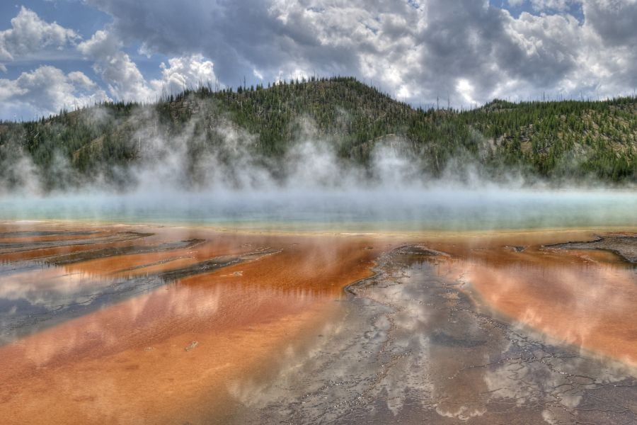 Grand Prismatic Spring and thermophiles viewed from the boardwalk