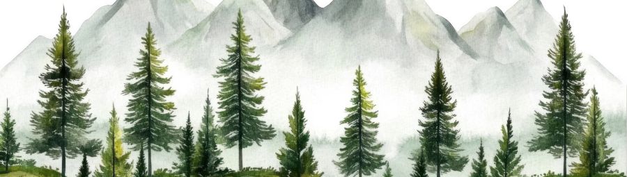 Watercolor painting of gray mountains with green pine trees