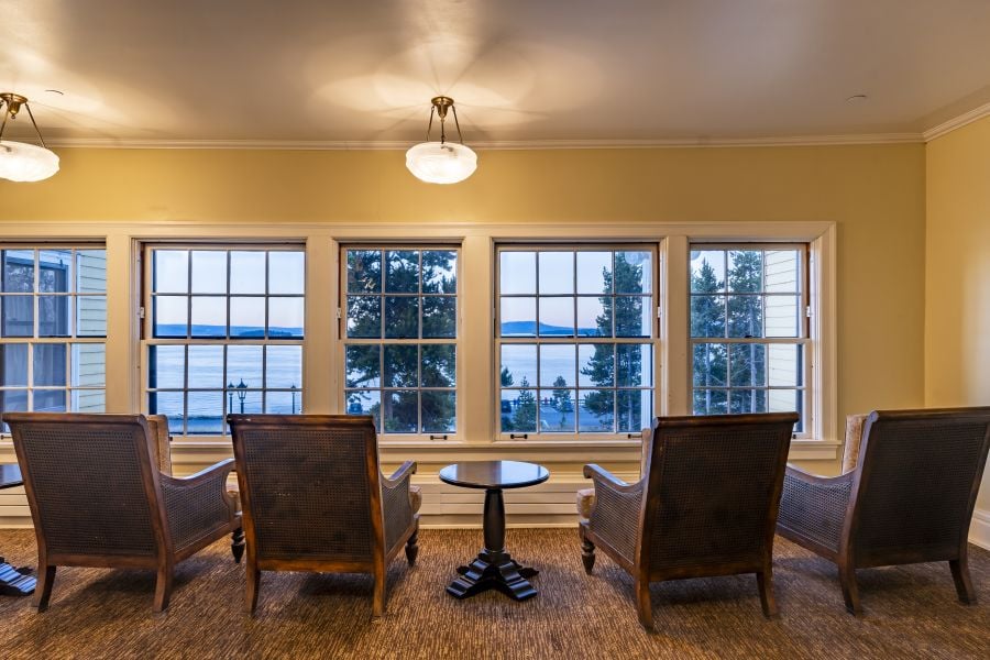 View of Yellowstone Lake from sitting area in hotel