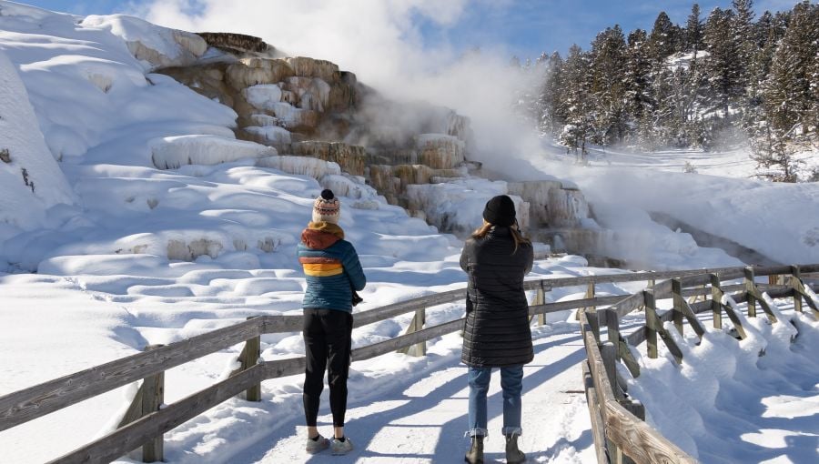 Viewing Palette Spring in Mammoth from the boardwalk during the winter